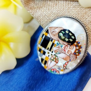 Brooches for women: Gustav Klimt &quot;The Kiss&quot; on handmade pin for dress, original Art Nouveau pins made from mother of pearl shell