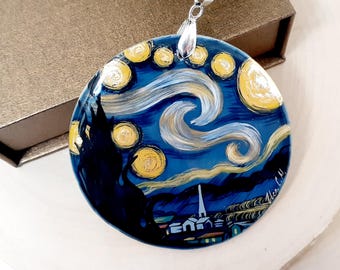 Pearl pendant necklace: Starry night by Van Gogh. Hand painted mother-of-pearl jewelry. Statement Van Gogh pendant with magic blue landscape