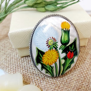 Brooches for women: Blowing dandelion with a ladybug on the leaf, miraculous rustic flower brooch, handmade mother of pearl jewelry pin
