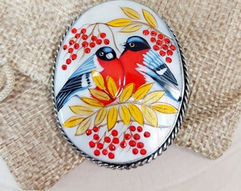 Russian jewelry brooch: Bullfinches couple. Hand painted miniature. Russian fine art style Fedoskino on abalone shell. Gift art pin for her