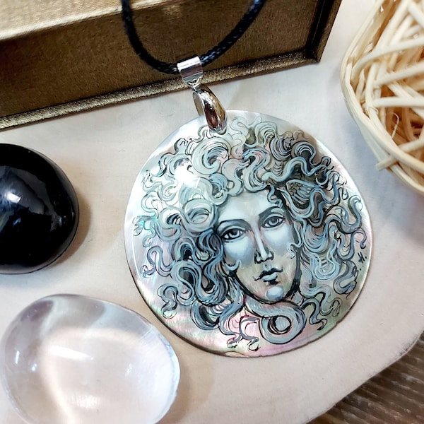 Russin jewelry: Medusa Gorgon on hand-painted pendant. Elegant jewelry in Fedoskino art style. Outstanding design for beautiful dainty woman