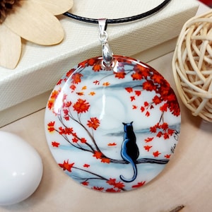 Mother-of-pearl Russian Beautiful Pendant"Black Cat"Hand-painted Summer jewelry Russian jewelry magic of painting fine art jewelry Fedoskino