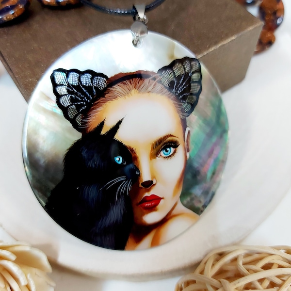 Russian jewelry: Сatwoman with blue eyes and Black cat. Outstanding Fedoskino style on mother of pearl pendant. Dainty stylish necklace