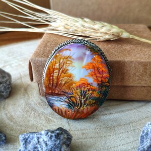 Brooches for women: Flowing forest river during enchanting golden autumn on pearl brooch • handmade stunning jewelry • unique dainty pin