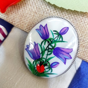 Brooches for women: Purple bell flower mother of pearl brooch with little ladybug, handmade jewlery pin, hand painted lacquer art miniature