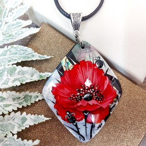 Pearl pendant necklace: Big red poppy flower on handmade necklace • Hand painted statement jewelry for dress • unique trendy floral necklace