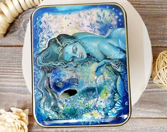 Beautiful Russian Lacquer Box&quot;The Little Mermaid&quot;Hand painted miniature painting jewelry box Mother of pearl Papier mache Art gift Fedoskino