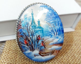 Mother-of-pearl Russian brooch &quot;Russian Winter&quot;, Miniature hand-painted, Russian fine art jewelry, Аbalone shell. Russia gift for woman. Pin