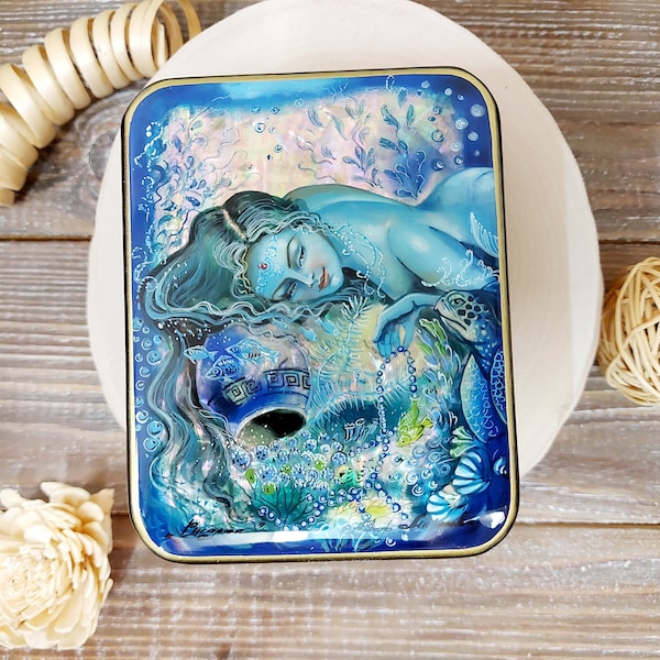 Beautiful Russian Lacquer Box"The Little Mermaid"Hand painted miniature painting jewelry box Mother of pearl Papier mache Art gift Fedoskino