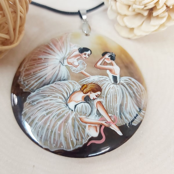 Russian jewelry: Ballerinas Trio of Moscow Big Theatre on aesthetic mother of pearl pendant. USSR Fedoskino school of miniature. Dainty gift