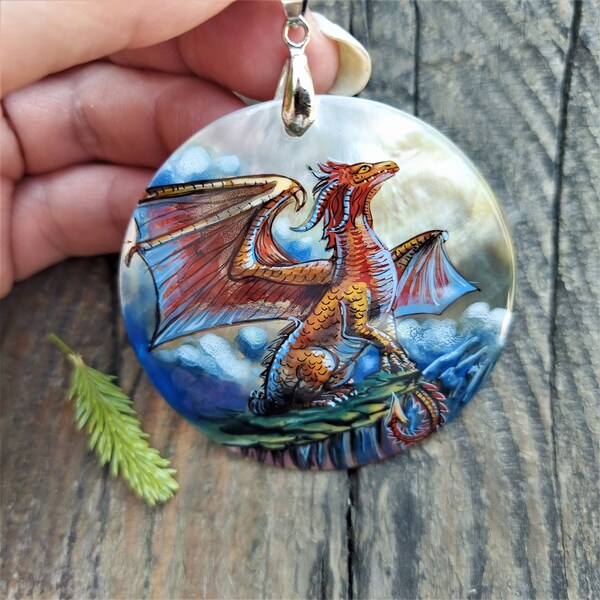 Russian jewelry: Gorgeous Red Dragon painted on pearl pendant. Traditional Fedoskino school design. Outstanding magic gift for fantasy lover