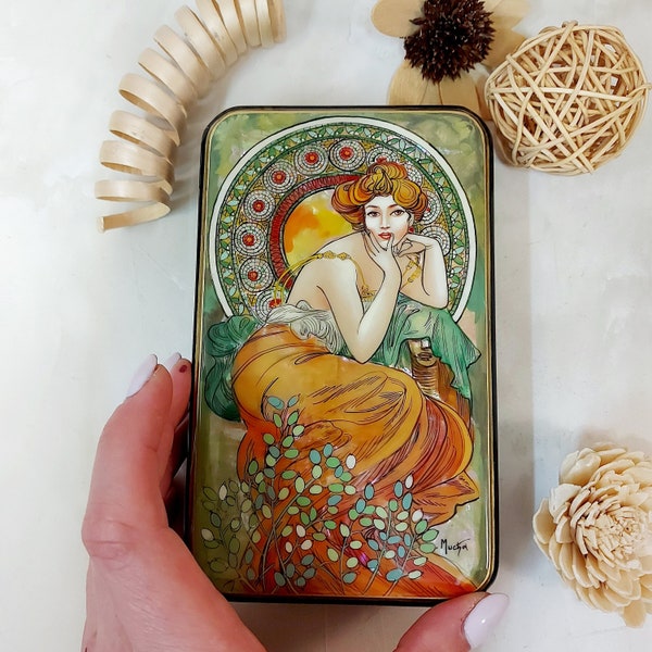 Beautiful Lacquer Box Alphonse Mucha "Topaz" Hand painted miniature painting jewelry box Mother of pearl Papier mache Art gift Fedoskino