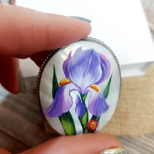 Nice "Iris" Hand Painted Russian Fedoskino Mother-Of-Pearl Brooch/Pin/Miniature hand-painted/Russian fine art jewelry/ Russia gift for woman