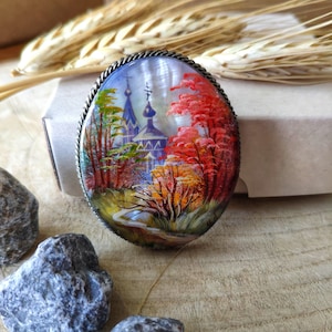 Brooches for women: Village Church in fall season Forest painted on aesthetic brooch • Dainty handmade jewelry • gorgeous pin for dress