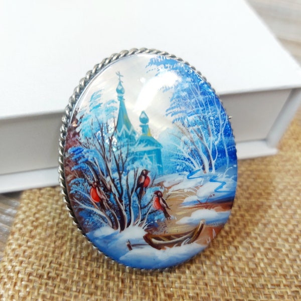 Mother-of-pearl Russian brooch "Russian Winter", Miniature hand-painted, Russian fine art jewelry, Аbalone shell. Russia gift for woman. Pin