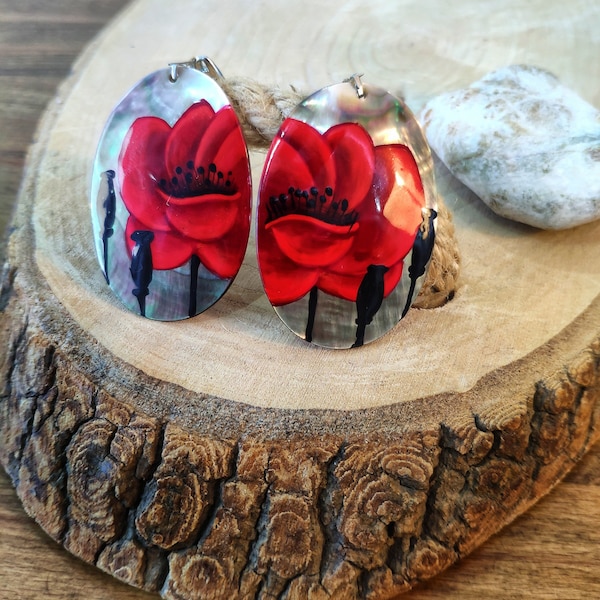 Pearl earrings: Aesthetic Red Poppy dangle earrings • Stylish bohemian handmade earrings • Hand painted in fedoskino style art gift for her