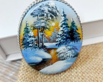 Pin Miniature hand-painted Аbalone shell Russia gift for woman Mother-of-pearl Russian brooch Russian Winter Russian fine art jewelry