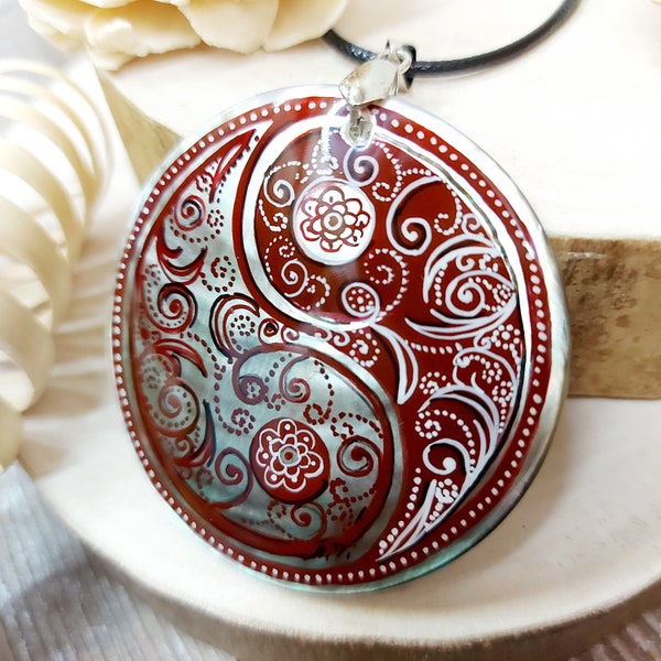 Russian jewelry: Awesome pendant with Paisley Yin Yang symbol made in Russian Fedoskino school style. Outstanding mother of pearl necklace