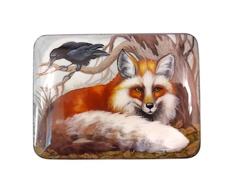 Lakdoosjes sieraden: rode vos en raaf. L 5,6 x B 3,6 inch Funy wilde vos, geschilderd op een sieradendoosje. Sierlijk winterherinneringsdoosje. Cadeau voor moeder