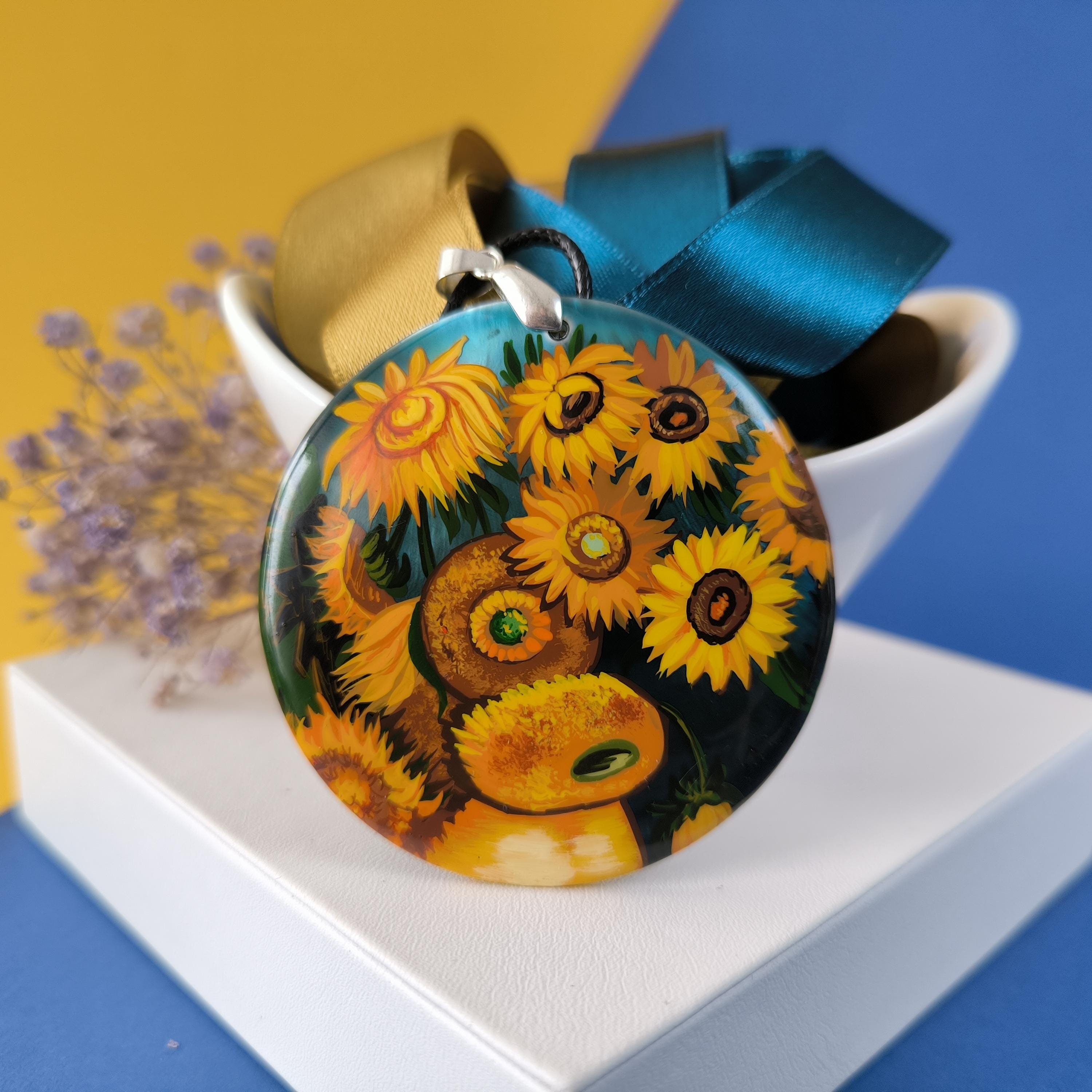 Sunflowers. In the style of Van Gogh. Mother-of-pearl. The Van Gogh pendant. Hand-painted necklace pendant. Hand painted miniature painting.