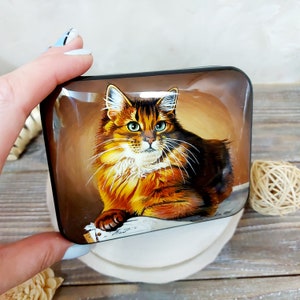 Beautiful Russian Lacquer Box &quot;Ginger Cat &quot; Hand painted miniature painting jewelry box Mother of pearl Papier mache Art gift Fedoskino