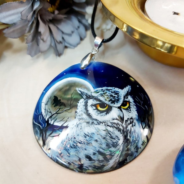 Russian jewelry: Moon night and Eagle owl on lacquer pendant in Soviet Fedoskino style. Outstanding collectible gift for dainty women.