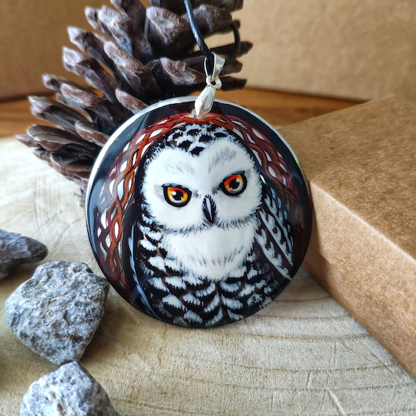 Russian jewelry: Gorgeous Snowy owl on pearl pendant • Dainty miniature painting in Fedoskino style • Graceful nature gift for grandmother