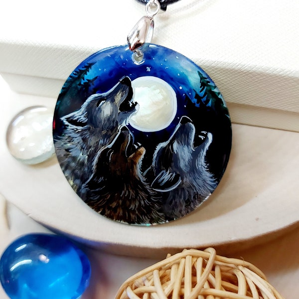 Russian jewelry: Three Wolves howl at the moon painted on pearl necklace. Elegant wolf pendant made in Fedoskino style. Gift for woman