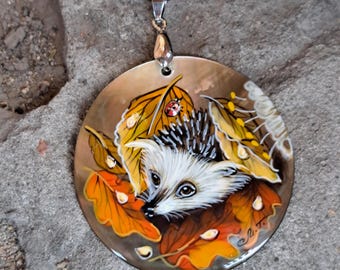Pearl pendant necklace: Hedgehog and Oak leaves. Animal hand-painted on mother-of-pearl. Unique MOP fall pendant. Dainty autumn necklace