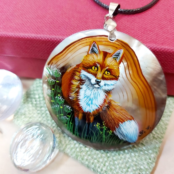 Russian jewelry: Cute foxy painted in Fedoskino style. Gorgeous nature hand painted on collectible lacquer jewelry. Gift for grand mother