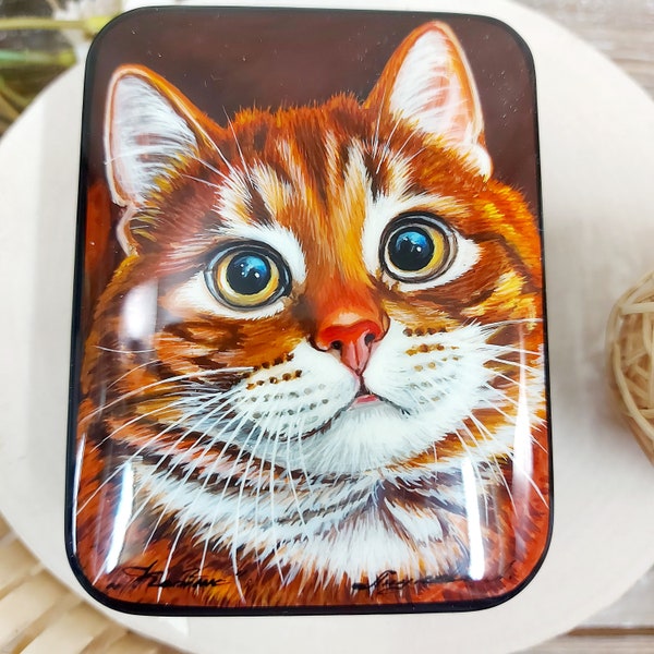 Gorgeous Russian Lacquer Box"Cute Cat.Red cat"jewelry box,gift for cat lovers.Hand painted miniature.Gift for cat lovers.Art gift Fedoskino.