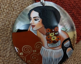 Russian jewelry: Judith by Gustav Klimt hand-painted on mother-of-pearl necklace. Dainty pendant for girl. Graceful art with brunette maiden