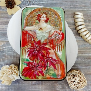 Beautiful Lacquer Box Alphonse Mucha "Rubin" Hand painted miniature painting jewelry box Mother of pearl Papier mache Art gift Fedoskino