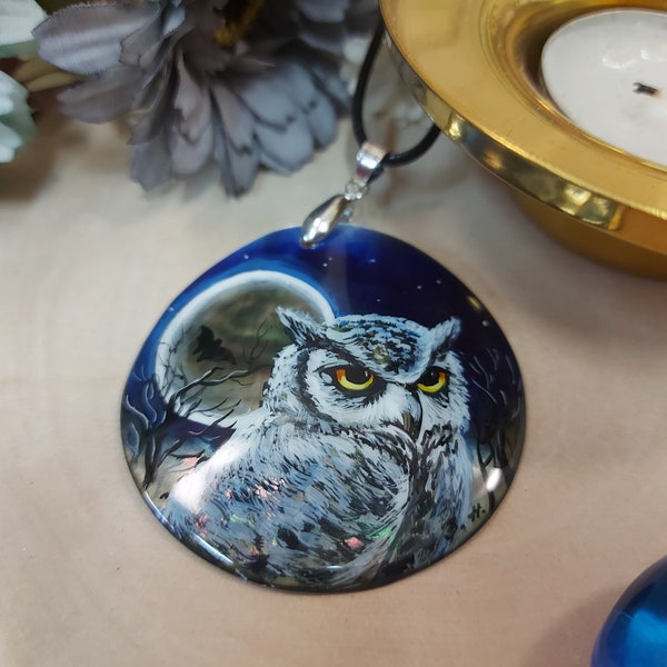 Russian jewelry: Wild eagle owl at night on mother of pearl necklace. Hand painted in USSR Fedoskino style. Cute collectible gift for mother