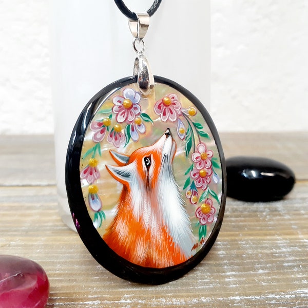 Russian jewelry: Wild red Fox painted in Fedoskino style pendant. Cute wild nature painted on necklace. Collectible gift for grand mother