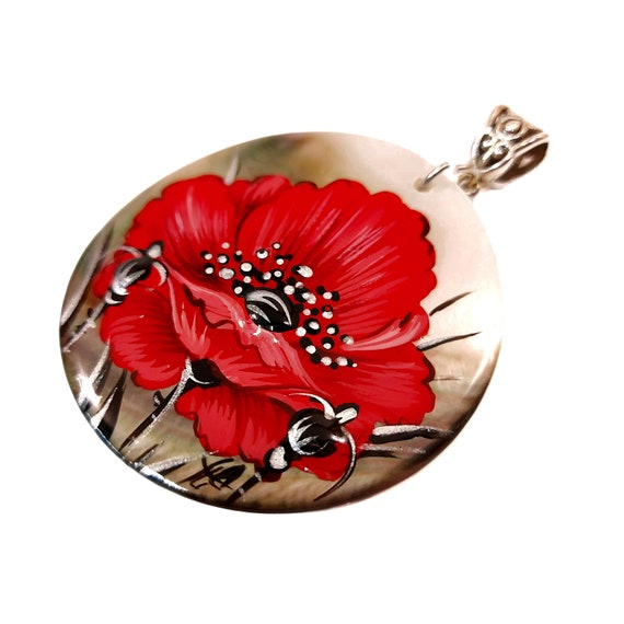 Russian jewelry on the neck Necklace pendant with poppy Russian shell pendant Poppy pendant Painted mother-of-pearl pendant
