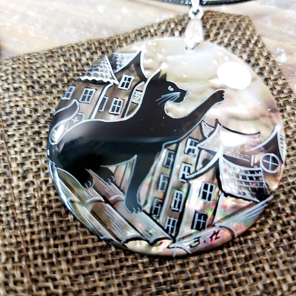 Pearl pendant necklace: Black cat is playing with moon. Handmade jewelry painted on lacquer shell. Unique art pendant for aesthetic woman