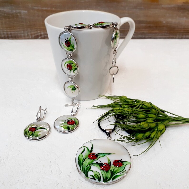 Mother of pearl Russian hand-painted MOP pendant Set of pearl pendant and earrings Ladybug Russian lacquar art.