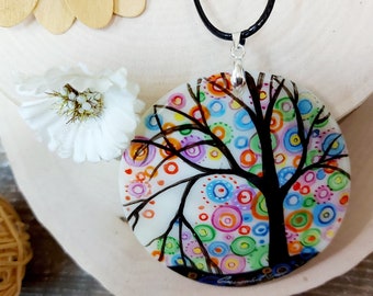 Mother-of-pearl Russian hand-painted necklace The Tree of Happiness Hand paint necklace pendant MOP pendant Hand painted miniature painting