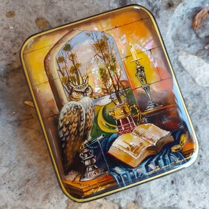 Beautiful Russian Lacquer Box "Learned Owl" Fedoskino Jewelry Box Hand Painted Miniature Painting Papier-mache Pearl Owl Box