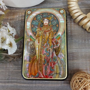 Beautiful Lacquer Box Alphonse Mucha "Imperial" Hand painted miniature painting jewelry box Mother of pearl Papier mache Art gift Fedoskino