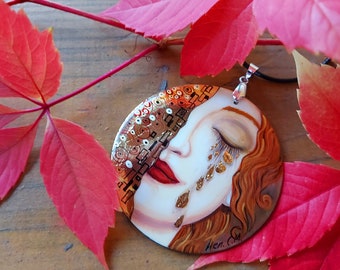 Pearl pendant necklace: Tears of Freyja necklace. Outstanding shell pendant in style of Klimt. Unique jewelry with stylish lacquer miniature
