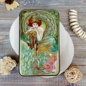 Jewelry Lacquer Box: Alphonse Mucha "Emerald" Hand painted miniature painting jewelry box Mother of pearl Papier mache. Art gift Fedoskino