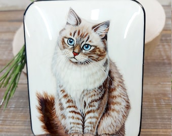 Preciosa caja de laca rusa "Gato Gris". Joyero en miniatura pintado a mano. Nácar. Papel maché. Regalo artístico. Fedoskino.
