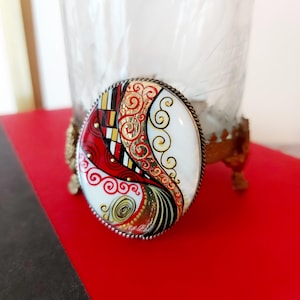 Brooches for women: Red Geometric pattern by Gustav Klimt. Unique curls and interlacing in avant garde brooch. Pin gift for grand mother