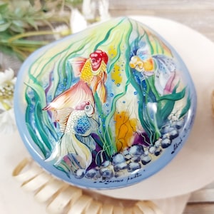 Beautiful Russian Lacquer Box "Goldfish" Hand painted miniature painting jewelry box Mother of pearl Papier mache Art gift Fedoskino