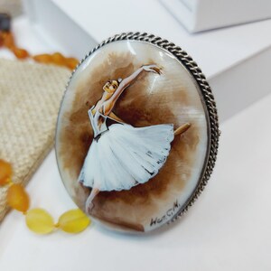 Brooches for women: Graceful dancing ballerina painted on mother of pearl brooch • Astonishing stylish art jewelry pin for elegant women