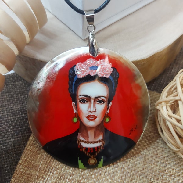 Russian jewelry: Red Self-portrait by Frida Kahlo on statement pendant. Fedoskino art painting on mother of pearl necklace. Gift for sister