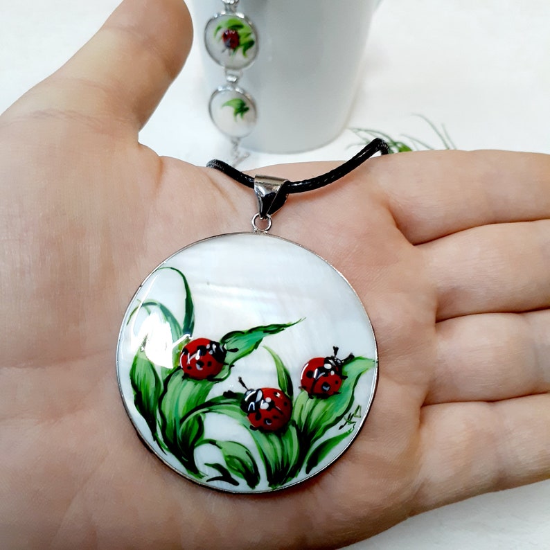 Mother of pearl Russian hand-painted MOP pendant Set of pearl pendant and earrings Ladybug Russian lacquar art.