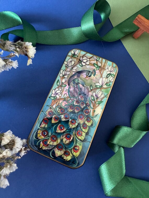 Jewelry lacquer box: Peacock bird in flowers. Impressive hand painted jewellery storage. Beautiful decorative trinket box. Nature lover gift